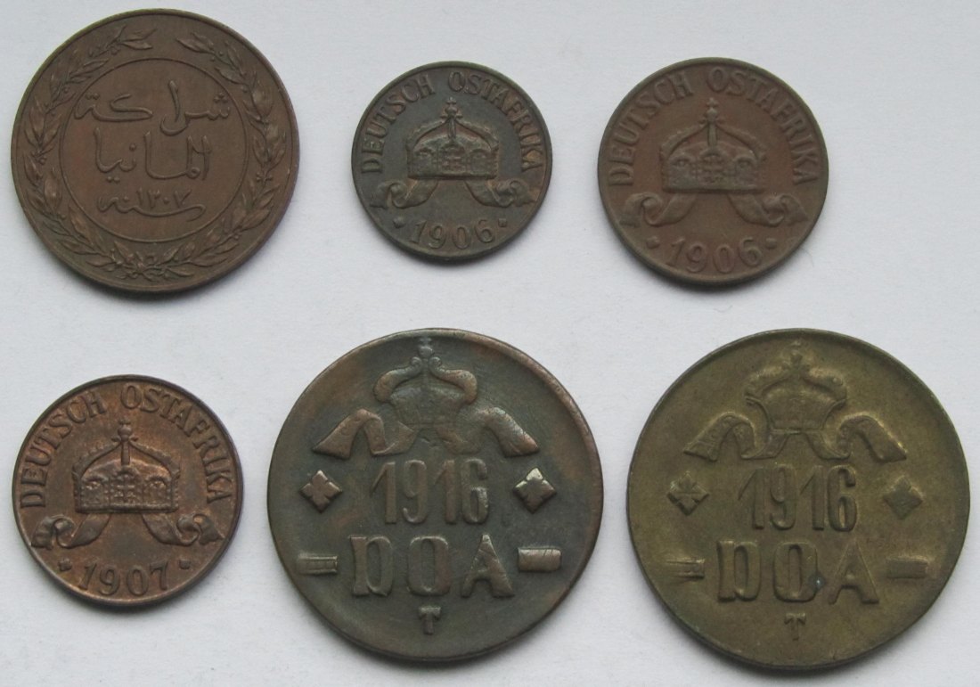 Deutsch-Ostafrika: Lot aus sechs Kleinmünzen   