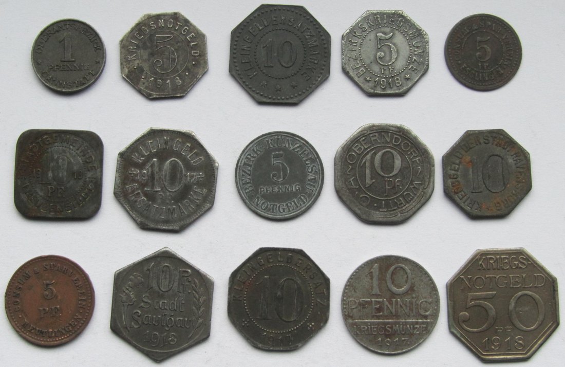  Notgeld: Lot aus 15 verschiedenen Notmünzen aus Baden-Württemberg   