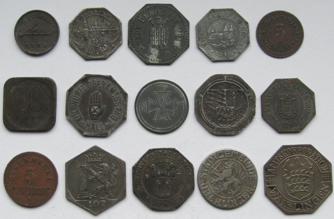  Notgeld: Lot aus 15 verschiedenen Notmünzen aus Baden-Württemberg   