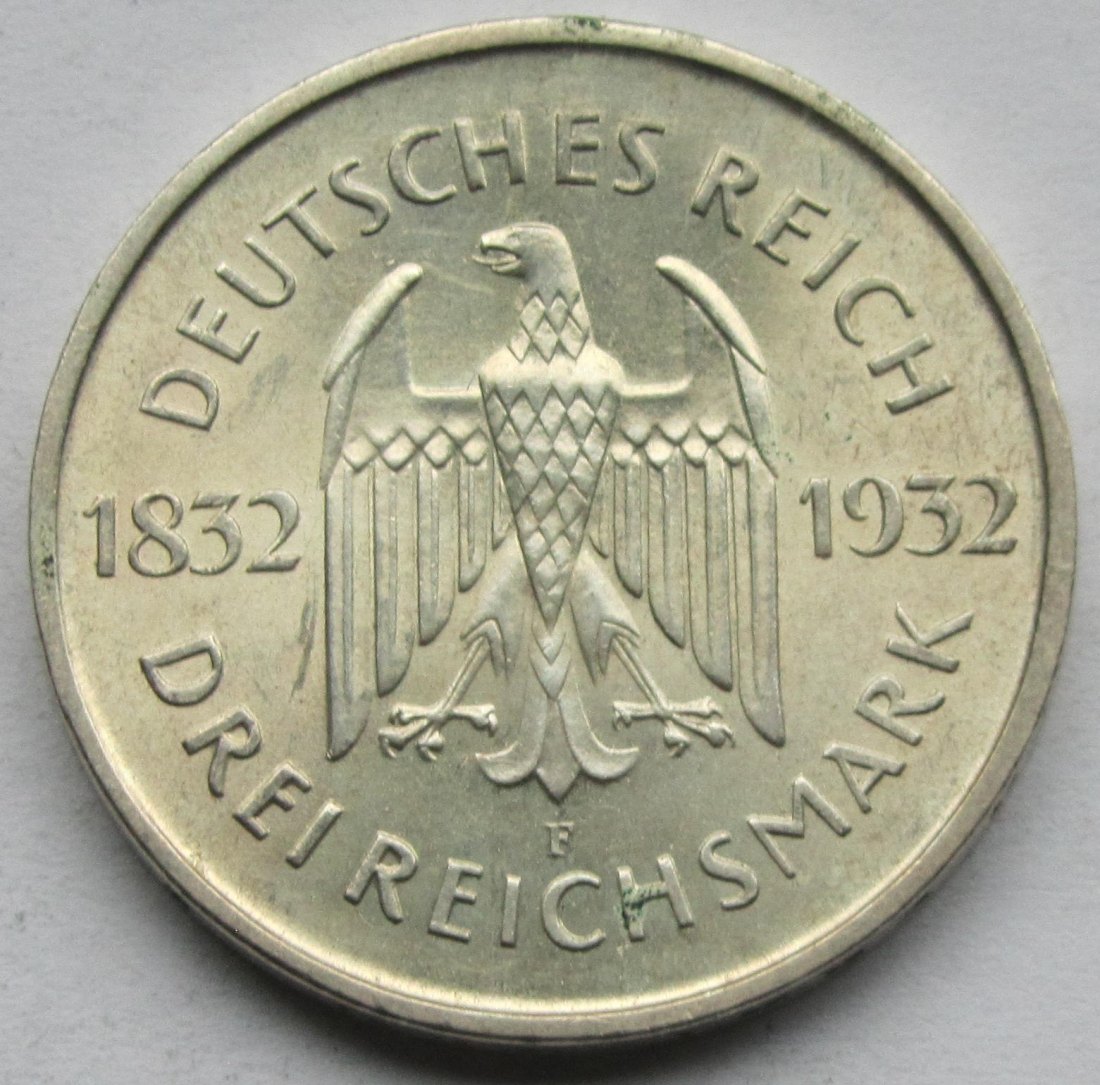  Weimarer Republik: 3 Mark Goethe (Jaeger 350), 1932 F   