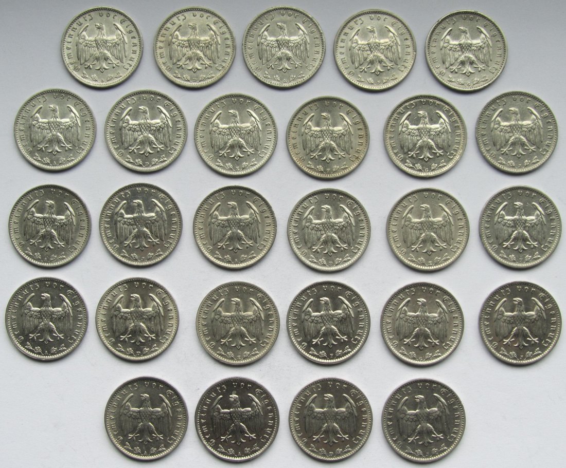  Deutsches Reich: Jahrgangssammlung 1 Mark Nickel, 27 verschiedene   