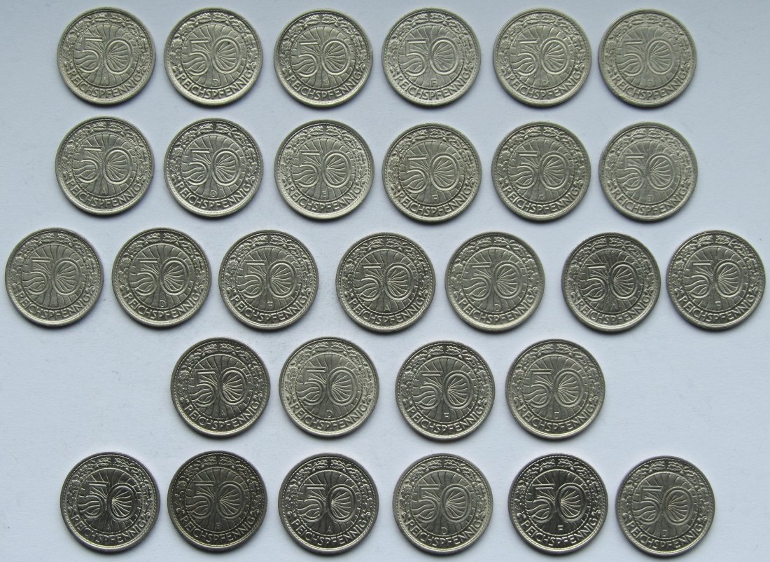  Weimarer Republik: Jahrgangssammlung 50 Pfennig Nickel, 29 verschiedene   