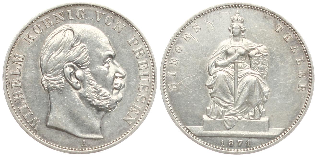  Preussen: Wilhelm, Siegestaler 1871 (auf den Sieg gegen Frankreich), Silber! AKS 118, Thun 272   