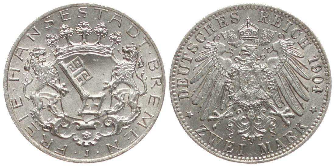  Kaiserreich, Bremen: 2 Mark 1904, selten, TOP-Exemplar!!, siehe Bilder!   