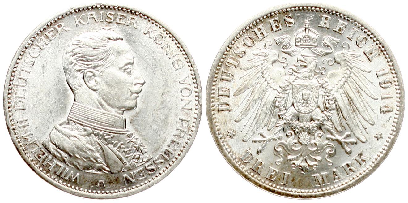  Kaiserreich, Preussen: Wilhelm II., 3 Mark 1913, schöne Silberpatina, TOP-ERHALTUNG, siehe Bilder!   