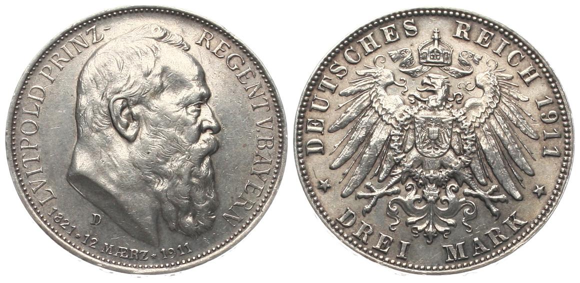  Bayern: Prinzregent Luipold, 3 Mark 1911, hübsche Patina und Erhaltung!   