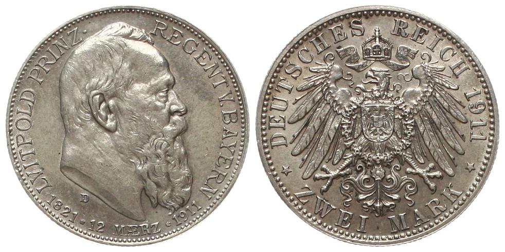  Bayern: Prinzregent Luipold, 2 Mark 1911, hübsche Patina und Erhaltung!   