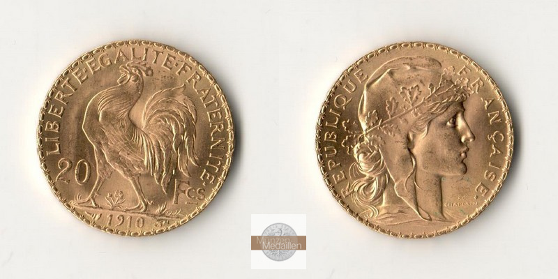 Frankreich  20 Francs MM-Frankfurt Feingold: 5,8g Marianne 1910 