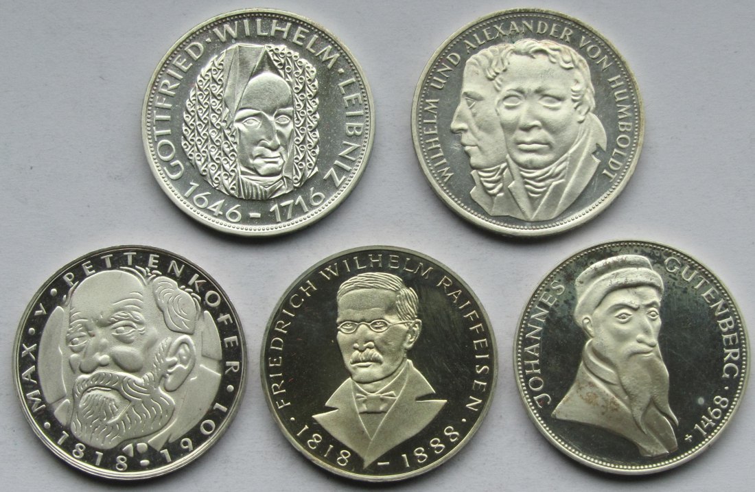  Deutschland: 5 x 5 DM Gedenkmünzen in Spiegelglanz (PP)   