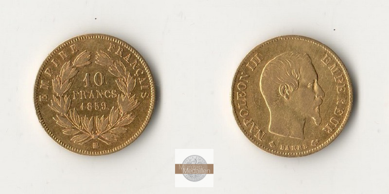 Frankreich  10 Francs  1859 A MM-Frankfurt Feingold: 2,90g Napoleon III. 1852-1870  