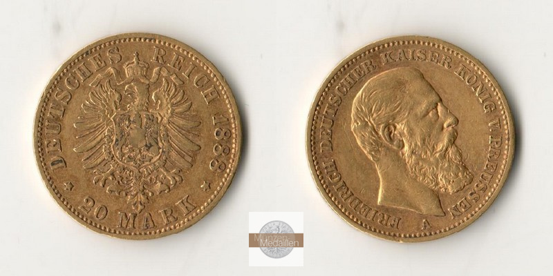 Preussen, Kaiserreich  20 Mark MM-Frankfurt Feingold: 7,17g Friedrich III. 1888 A 