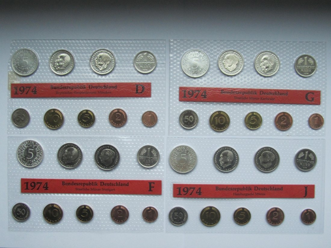  Deutschland: Kursmünzensatz 1974 Stempelglanz/ST komplett (D + F + G + J)   