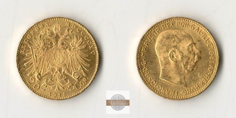Österreich MM-Frankfurt Feingold: 6,10g 20 Kronen 1915 NP 