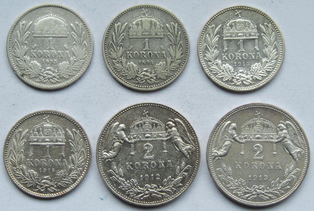  Ungarn: Lot aus sechs Silber-Kronen, zusammen 33,4 g Feinsilber   