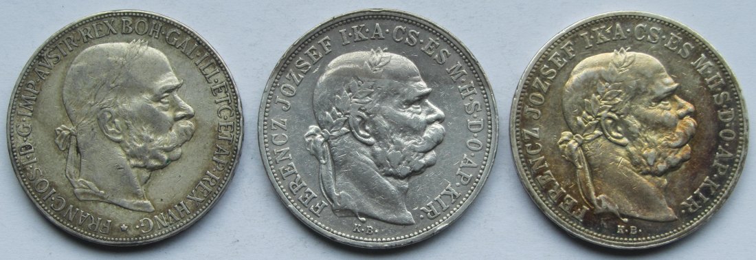  Österreich/Ungarn: 3 x 5 Kronen 1907 + 1908 + 1909   
