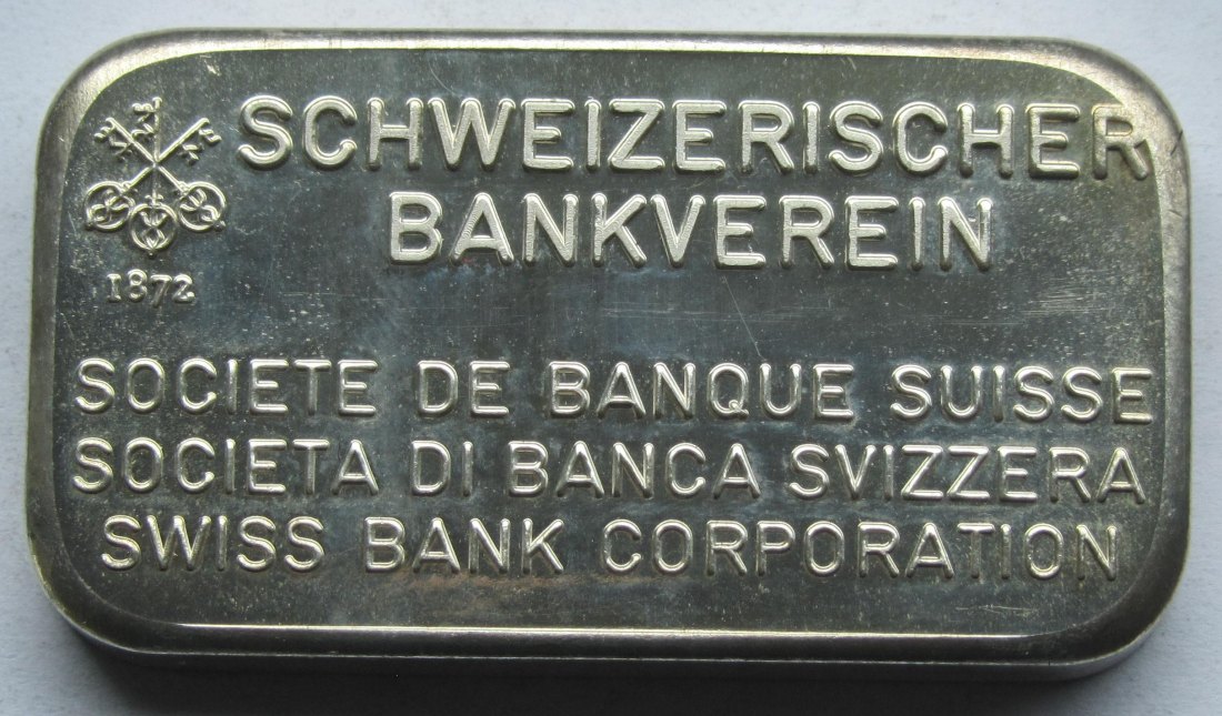  Schweiz: Älterer Silberbarren Schweizerischer Bankverein (UBS), 100 g Feinsilber   