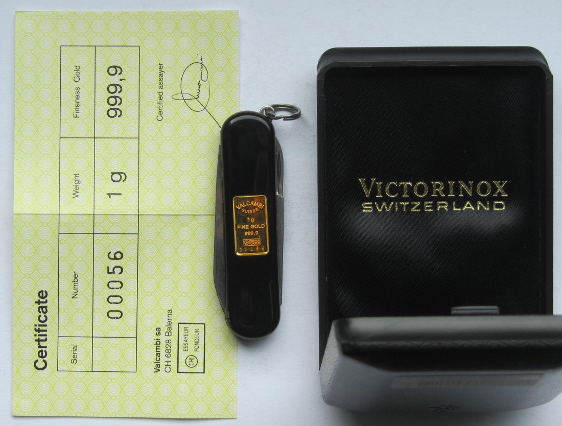  Schweiz: 1 g Feingold-Barren von Valcambi in kleinem Taschenmesser   