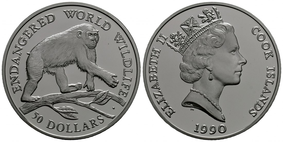 PEUS 1814 Cook Island 17,95 g Feinsilber. Bedrohte Tierwelt - Schimpanse 50 Dollars SILBER 1990 Proof (Kapsel)