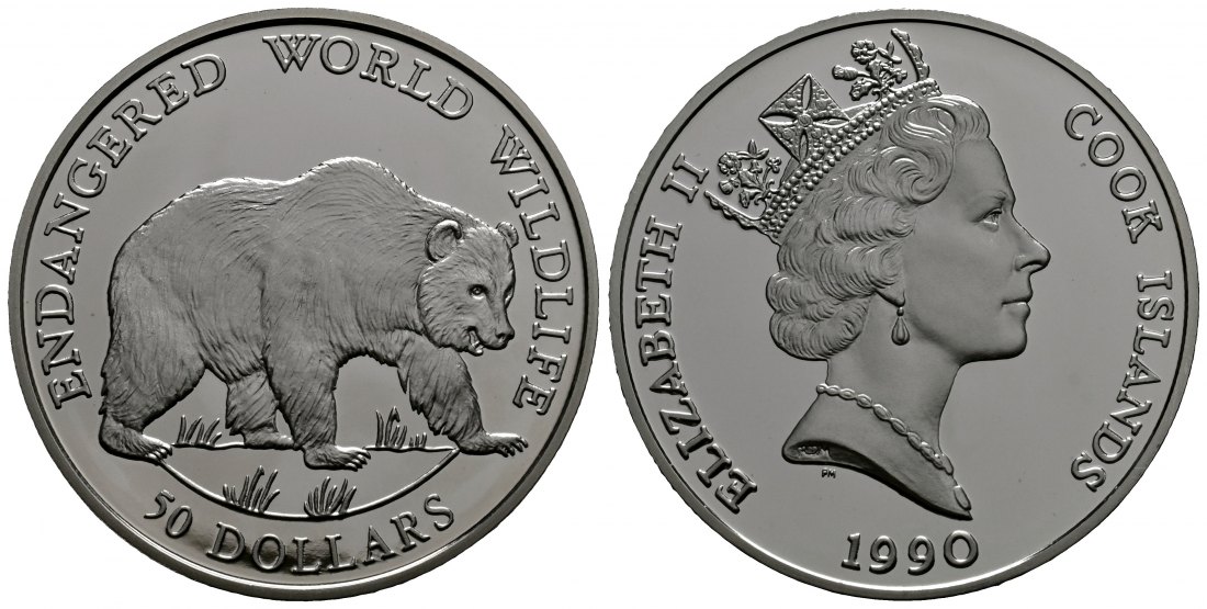 PEUS 1815 Cook Island 17,95 g Feinsilber. Bedrohte Tierwelt - Grizzly Bär 50 Dollars SILBER 1990 Proof (Kapsel)