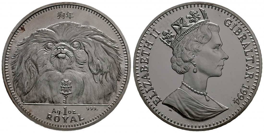 PEUS 1818 Gibraltar 31,1 g Feinsilber. Pekinese Crown SILBER Unze 1994 Proof (Kapsel)