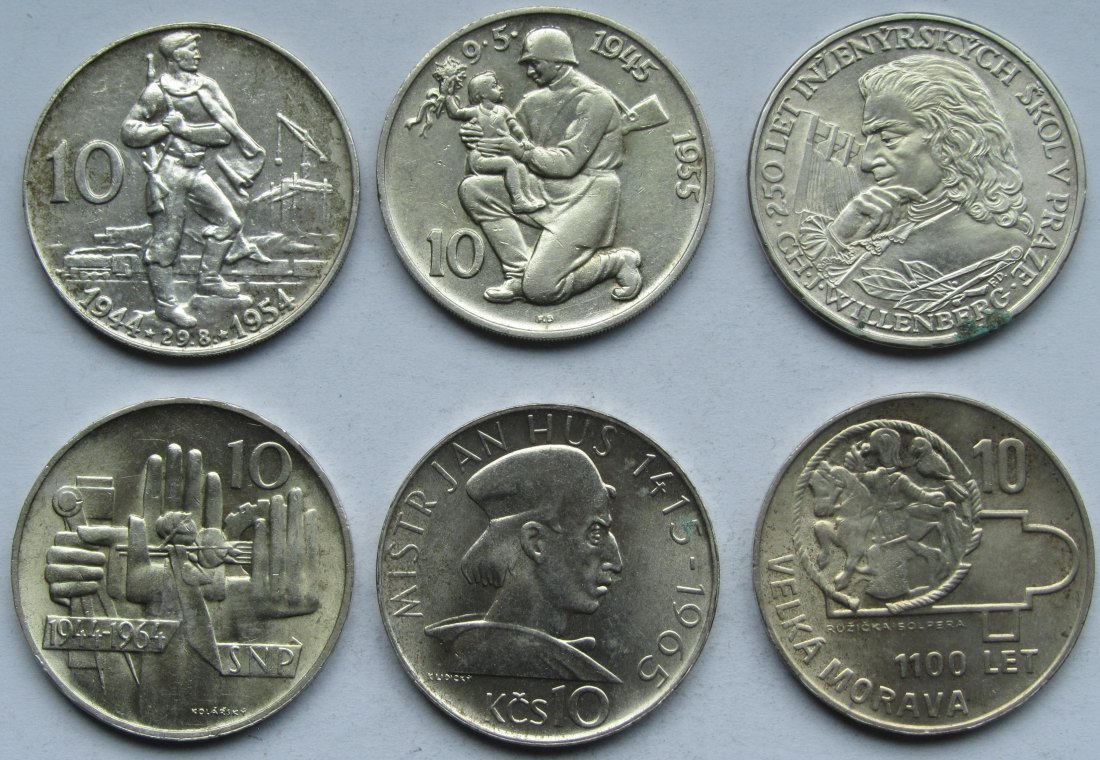  Tschechoslowakei: Lot aus sechs Silbermünzen, zusammen 36 g Feinsilber   