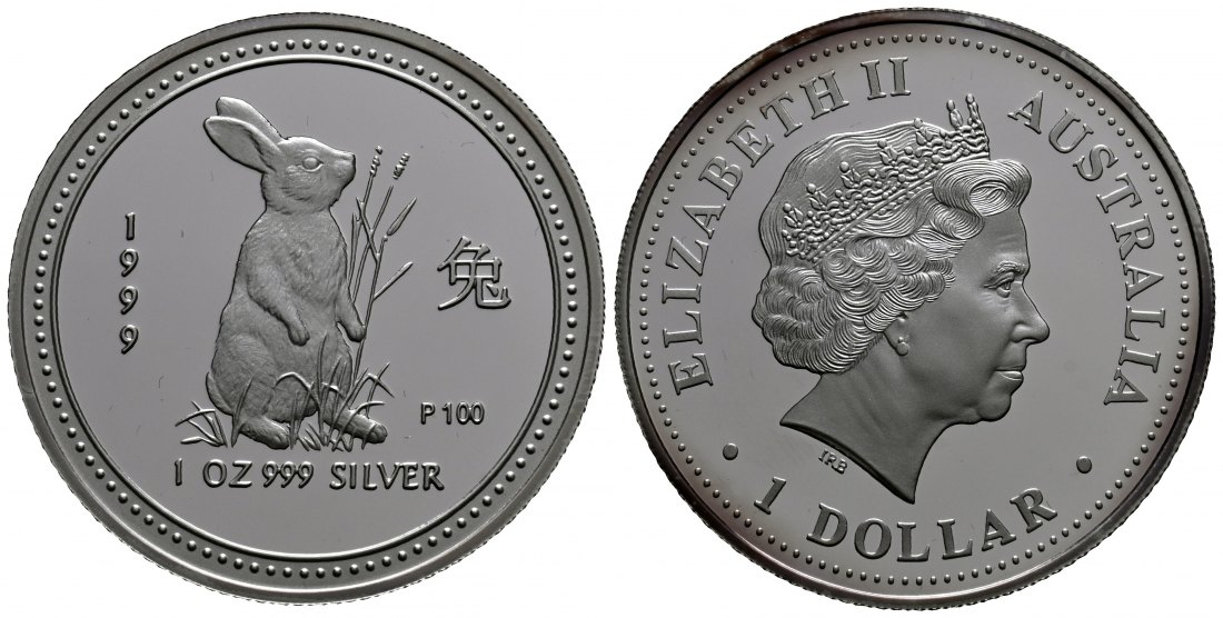 PEUS 1822 Australien 31,1 g Feinsilber. Lunar I - Jahr des Hasen Dollar SILBER Unze 1999 P100 Proof (Kapsel)