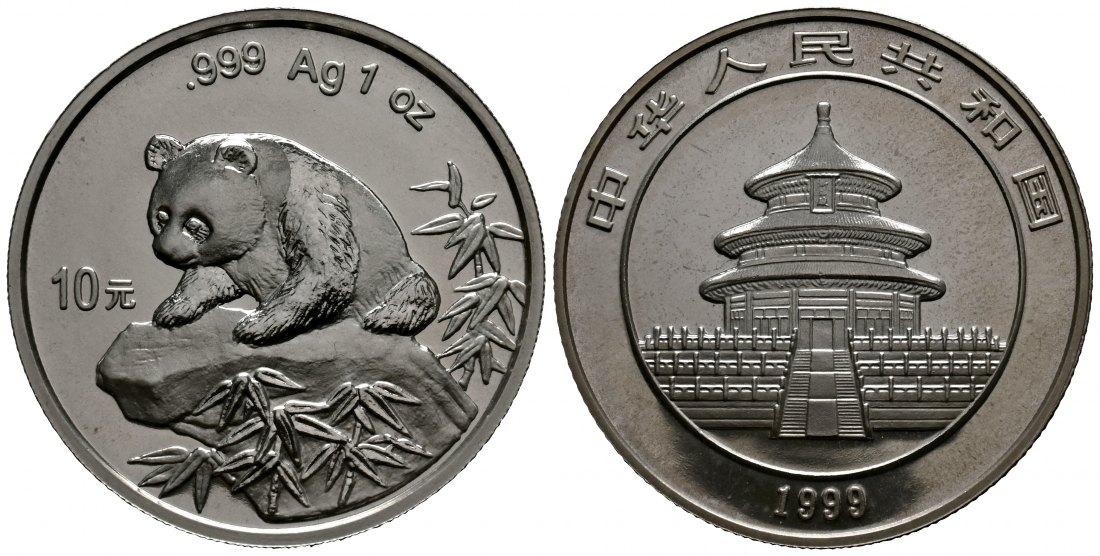 PEUS 1824 China 31,1 g Feinsilber. Panda auf Fels 10 Yuan SILBER Unze 1999 Uncirculated (Kapsel)