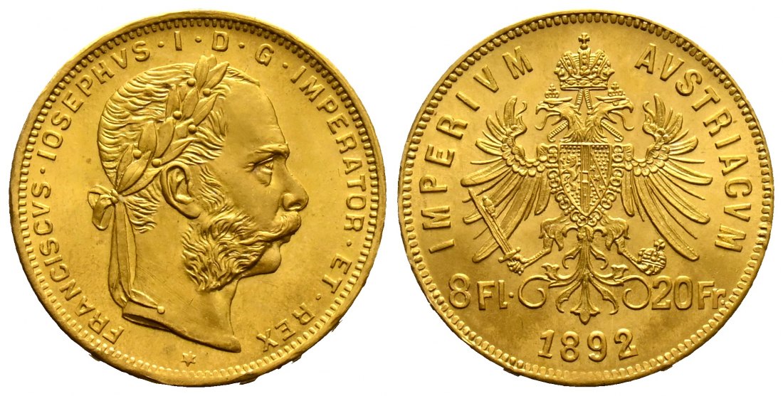 PEUS 1829 Österreich 5,81 g Feingold. Franz Joseph I. (1848 - 1916) 8 Gulden (NP) GOLD 1892 Stempelglanz