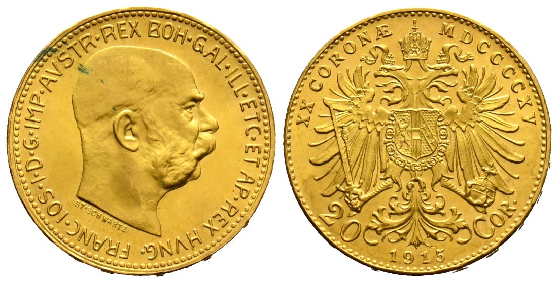 PEUS 1830 Österreich 6,1 g Feingold. Franz Joseph I. (1848 - 1916) 20 Kronen (off.NP) GOLD 1915 Stempelglanz