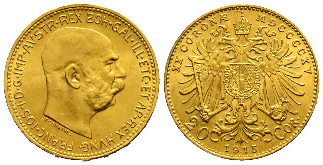 PEUS 1831 Österreich 6,1 g Feingold. Franz Joseph I. (1848 - 1916) 20 Kronen (off.NP) GOLD 1915 Stempelglanz