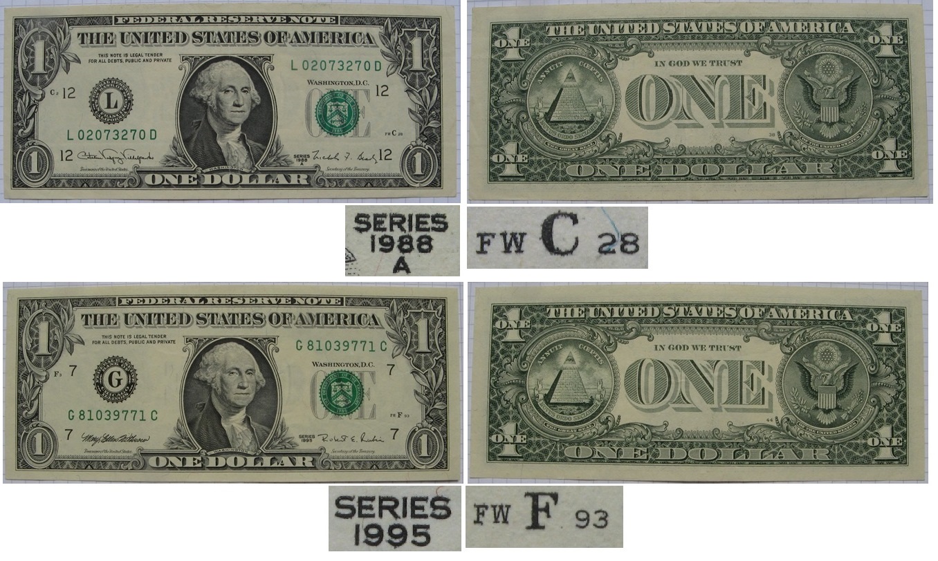  1988-1995,US, a set of 2 pcs US $1 banknotes   