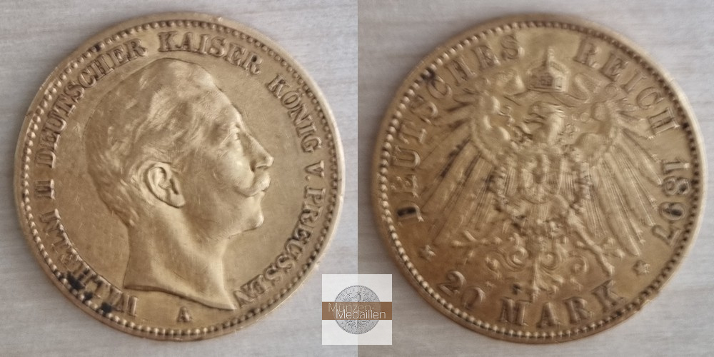 Deutsches Kaiserreich, Preussen.  Wilhelm II. 20 Mark 1897 A MM-Frankfurt  Feingold: 7,17g