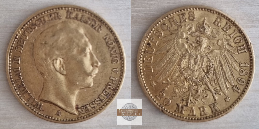 Preussen, Kaiserreich  20 Mark MM-Frankfurt Feingold: 7,17g Wilhelm II. 1891-1918 1894 A 