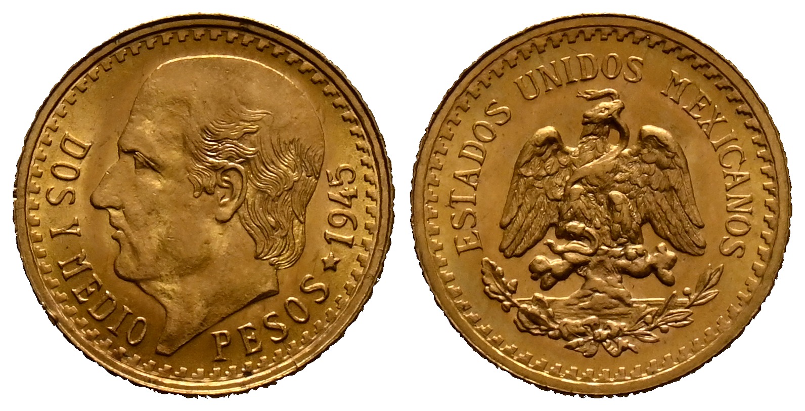 PEUS 1837 Mexiko 1,88 g Feingold. Miguel Hidalgo y Costilla 2 1/2 Pesos GOLD 1945 Stempelglanz