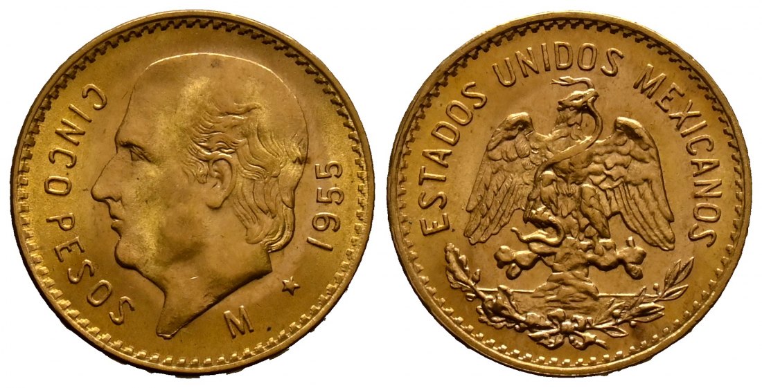 PEUS 1838 Mexiko 3,75 g Feingold. Miguel Hidalgo y Costilla 5 Pesos GOLD 1955 M Stempelglanz