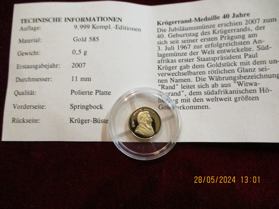  Gold - Münze 2007 Springbock 585er Gold -Gewicht: 0,5 Gramm / AS   