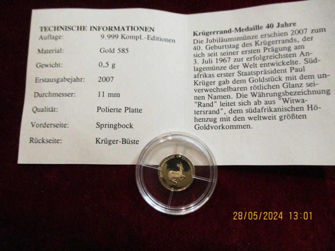  Gold - Münze 2007 Springbock 585er Gold -Gewicht: 0,5 Gramm / AS   