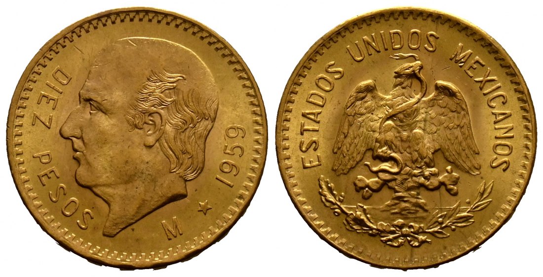 PEUS 1839 Mexiko 7,5 g Feingold. Miguel Hidalgo y Costilla 10 Pesos GOLD 1959 M Fast Stempelglanz