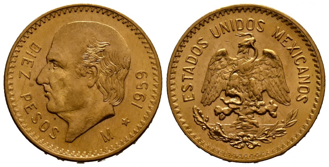 PEUS 1840 Mexiko 7,5 g Feingold. Miguel Hidalgo y Costilla 10 Pesos GOLD 1959 M Fast Stempelglanz