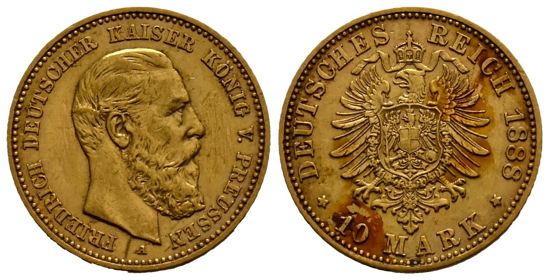 PEUS 1844 Kaiserreich - Preußen 3,58 g Feingold. Friedrich III. (09.03.- 15.06.1888) 10 Mark GOLD 1888 A Kratzer, Sehr schön