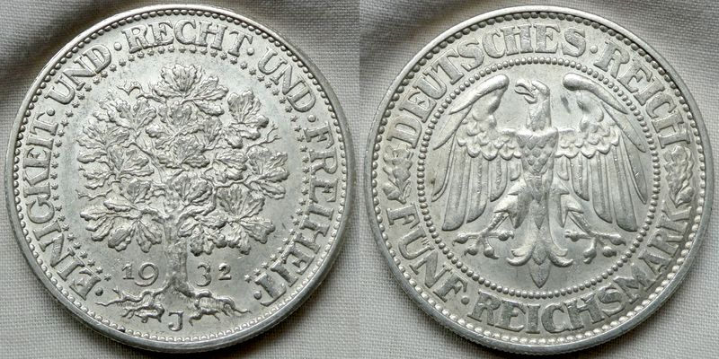  Weimarer Republik 5 Reichsmark 1932 'J' - Eichbaum - Selten !!   