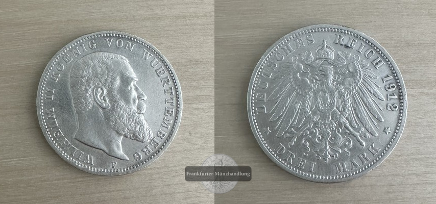  Deutsches Kaiserreich. Württemberg, Wilhelm II. 3 Mark 1912 F FM-Frankfurt  Feinsilber: 15g   