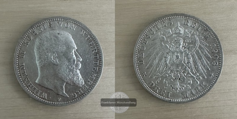  Deutsches Kaiserreich. Württemberg, Wilhelm II. 3 Mark 1908 F FM-Frankfurt  Feinsilber: 15g   