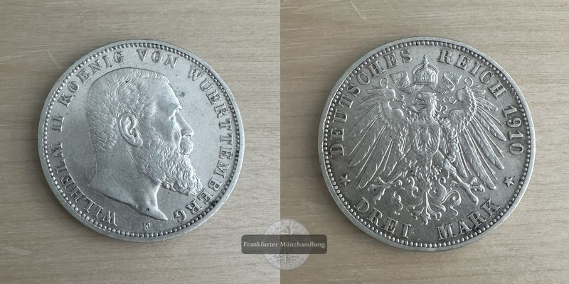  Deutsches Kaiserreich. Württemberg, Wilhelm II. 3 Mark 1910 F FM-Frankfurt  Feinsilber: 15g   