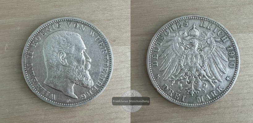  Deutsches Kaiserreich. Württemberg, Wilhelm II. 3 Mark 1910 F FM-Frankfurt  Feinsilber: 15g   