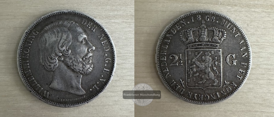  Niederländische 2 1/2 Gulden  1868 König Wilhelm  FM-Frankfurt  Feinsilber: 23,62g   