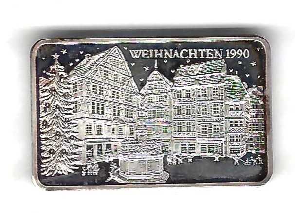  Weihnachts- Barren Weihnachten 1990 Feinsilber 999 17g. Goldankauf Koblenz Frank Maurer AC176   