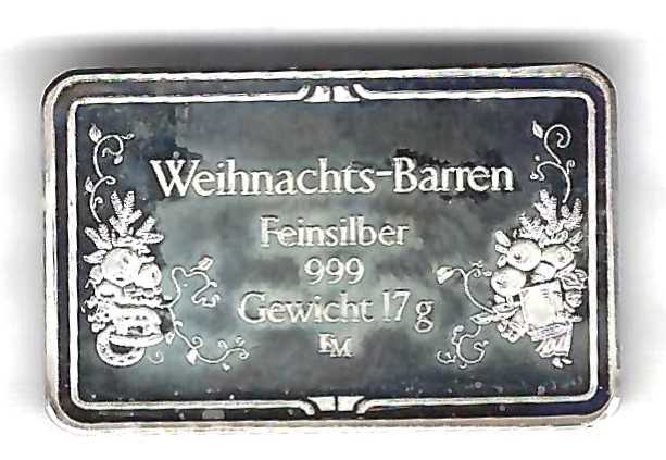  Weihnachts- Barren Weihnachten 1990 Feinsilber 999 17g. Goldankauf Koblenz Frank Maurer AC176   