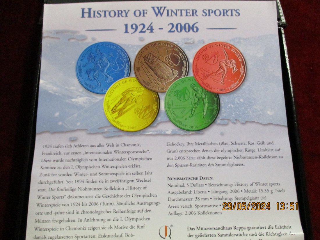  5 Dollars Liberia 2004 History of Winter Sports 1924-2006 /V4   