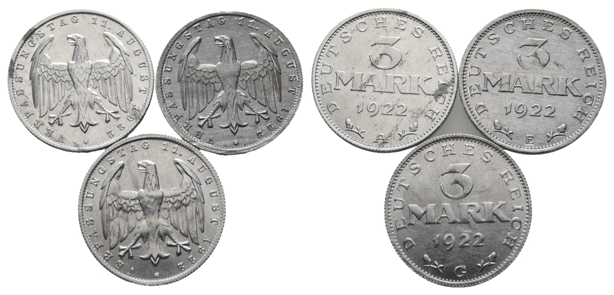  Deutsches Reich; 3 Kleinmünzen 1922   